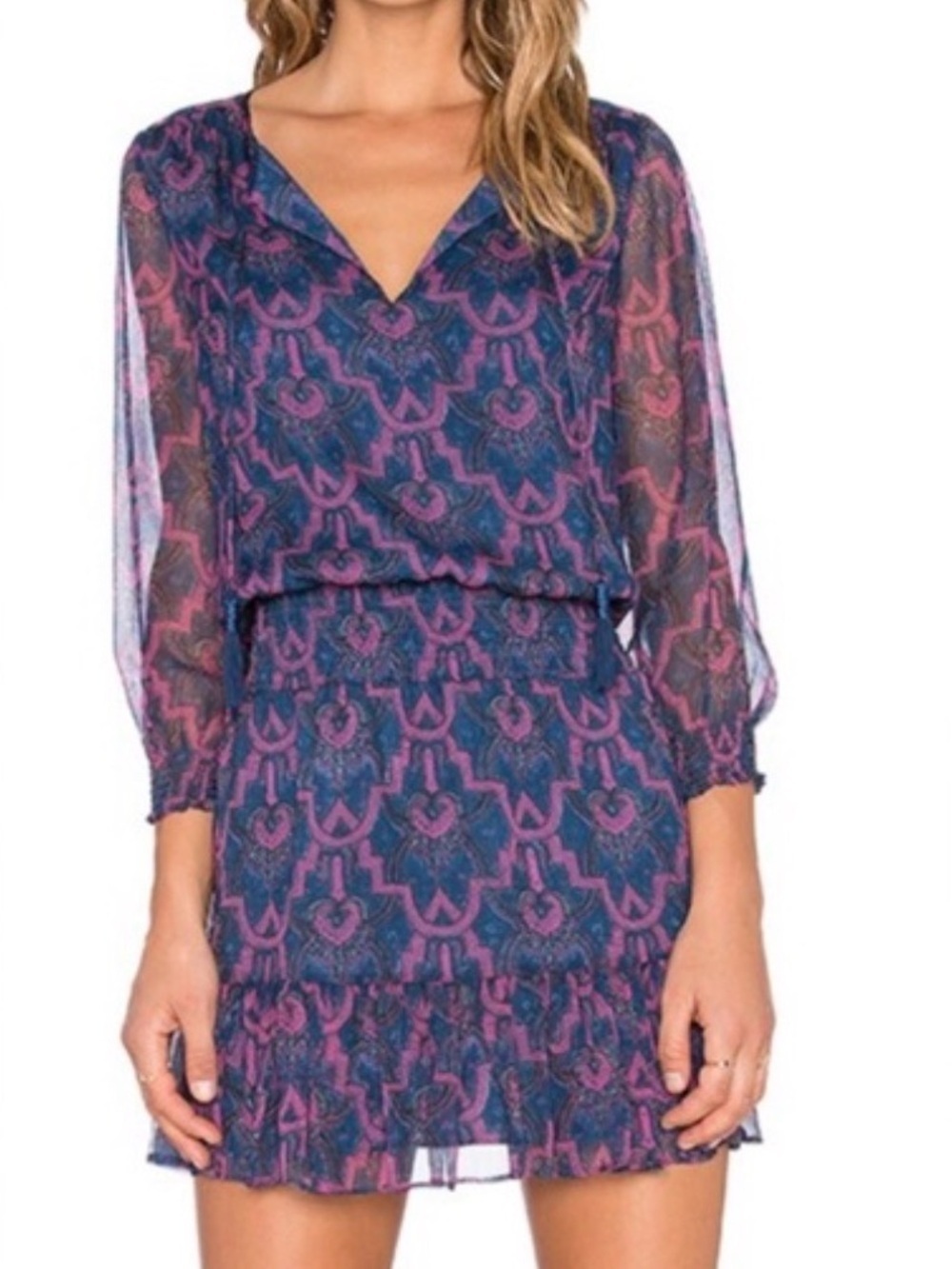 JOIE KLEEIA ART DECO SILK BOHO BLUE PINK PATTERN FIT & FLARE DRESS WOMENS LARGE